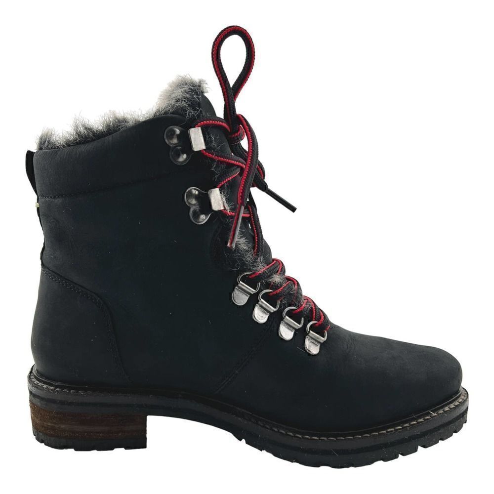 New Joules Ashwood Women US 5 Black Leather Faux Fur Warm Lace-Up Ankle Boots - Picture 4 of 13